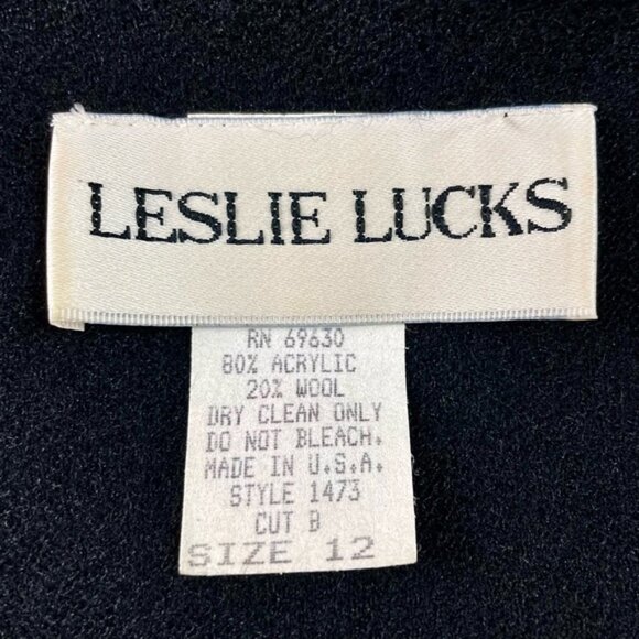 Leslie Lucks Vintage 80s Wool Blend Black Faux Wrap Midi Dress Size 12 - Picture 9 of 9